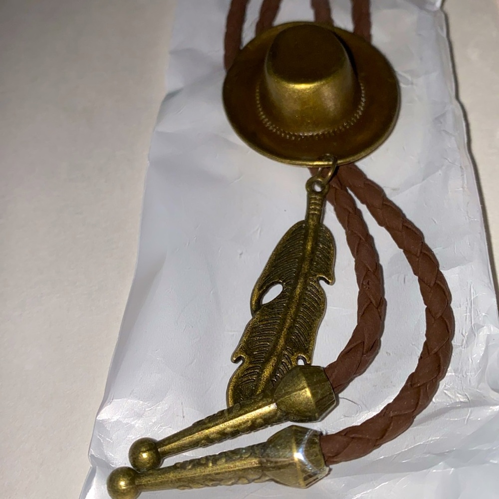 NWT New Western Bolo Tie Brown Braid Cord Bronze Cowboy Hat with Feather